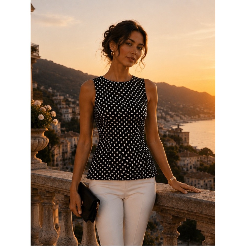 Diane Von Furstenberg DVF Black White Polka Dot Peplum Top Quiet Luxury Size 10